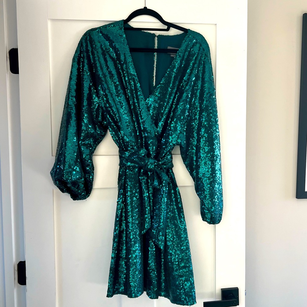 Anthropologie Teal Green Sequin Wrap Mini Dress